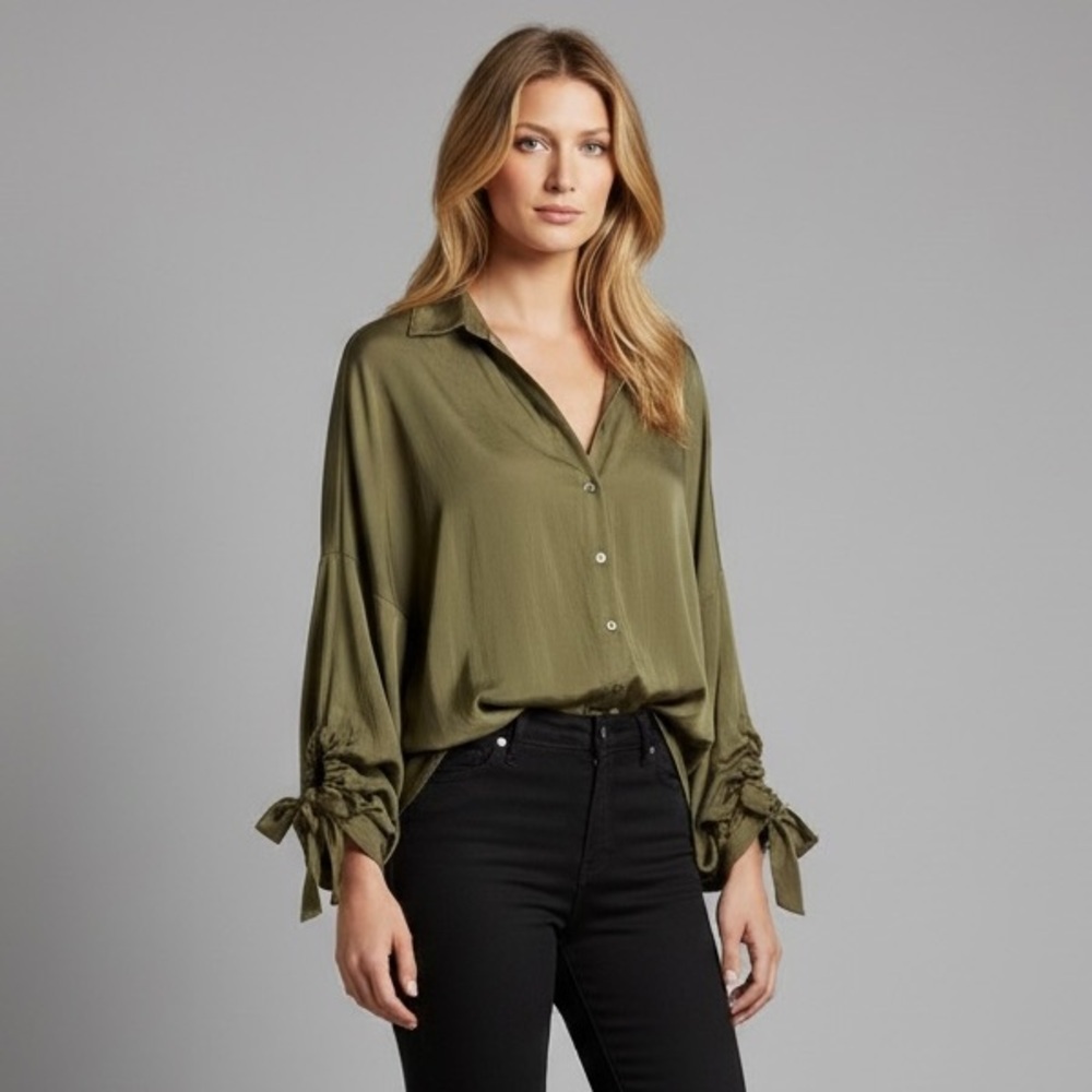 🌻NEW w/tags Anthropologie Harshman Sage Green Puff-Sleeved Blouse Size Small